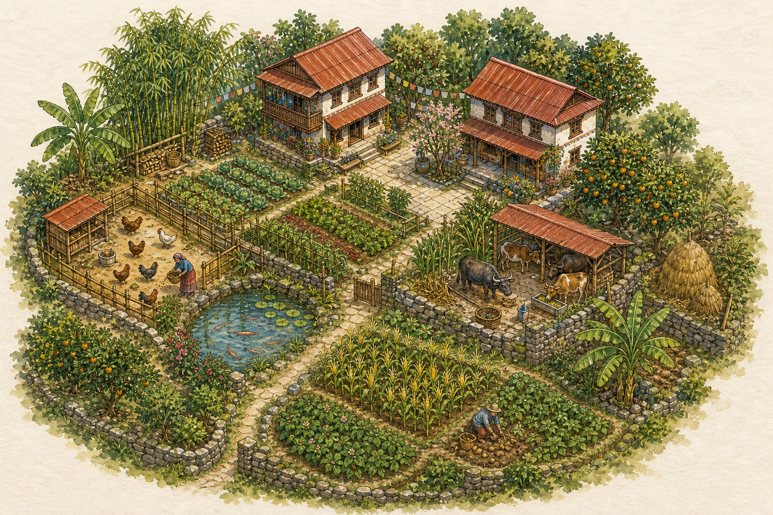 Illustrated interactive map of Chhahari Farm with homes, gardens, animals, pond, and trees