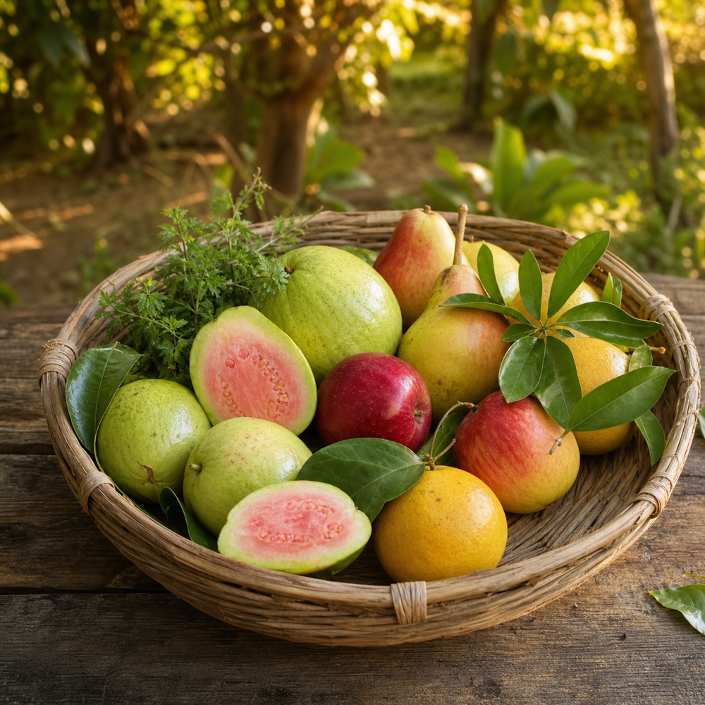 Seasonal fruit basket with guava, citrus, apples, and pears