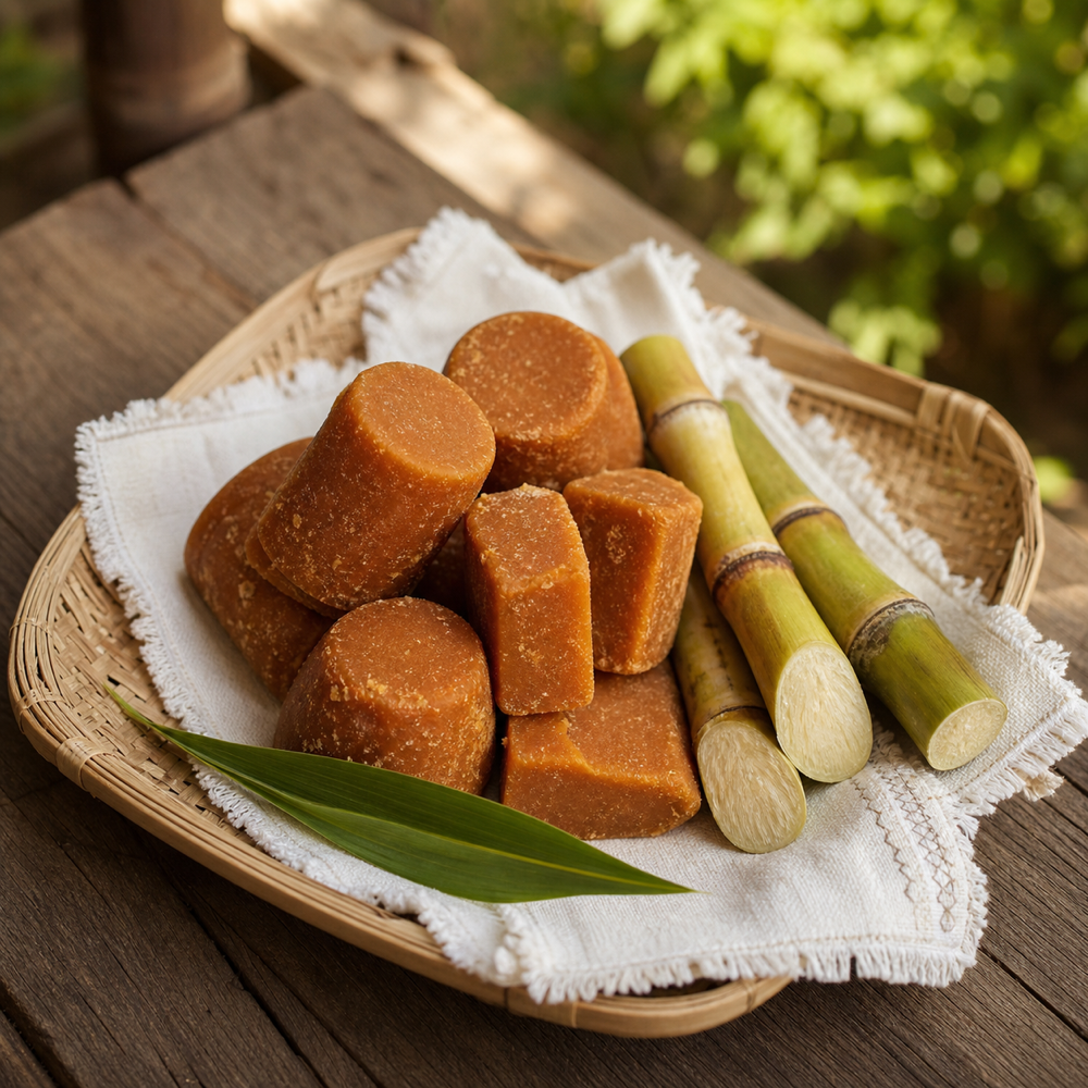 Local jaggery pieces and sugarcane on a handwoven tray