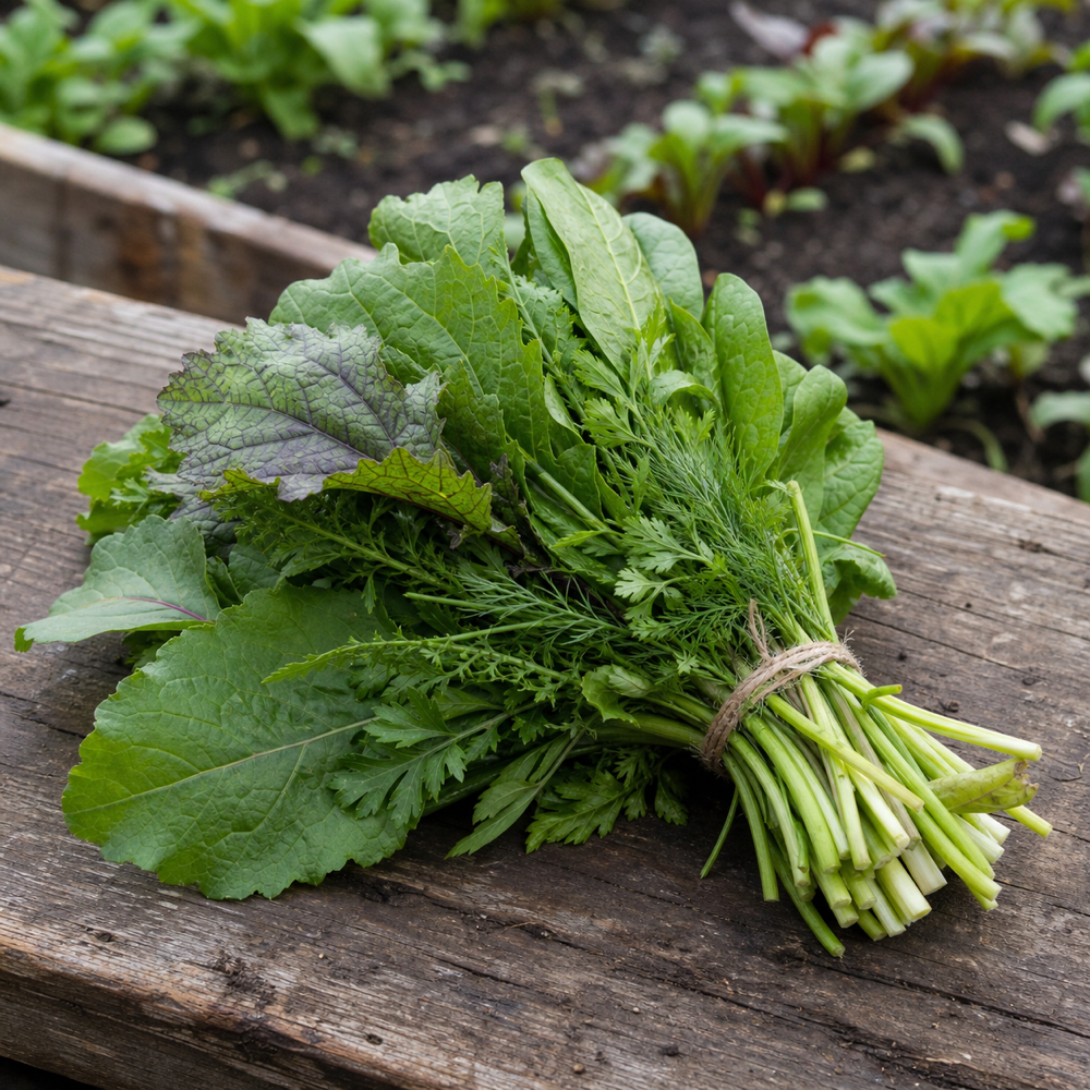 Mixed leafy greens tied in a bundle on a wooden farm table