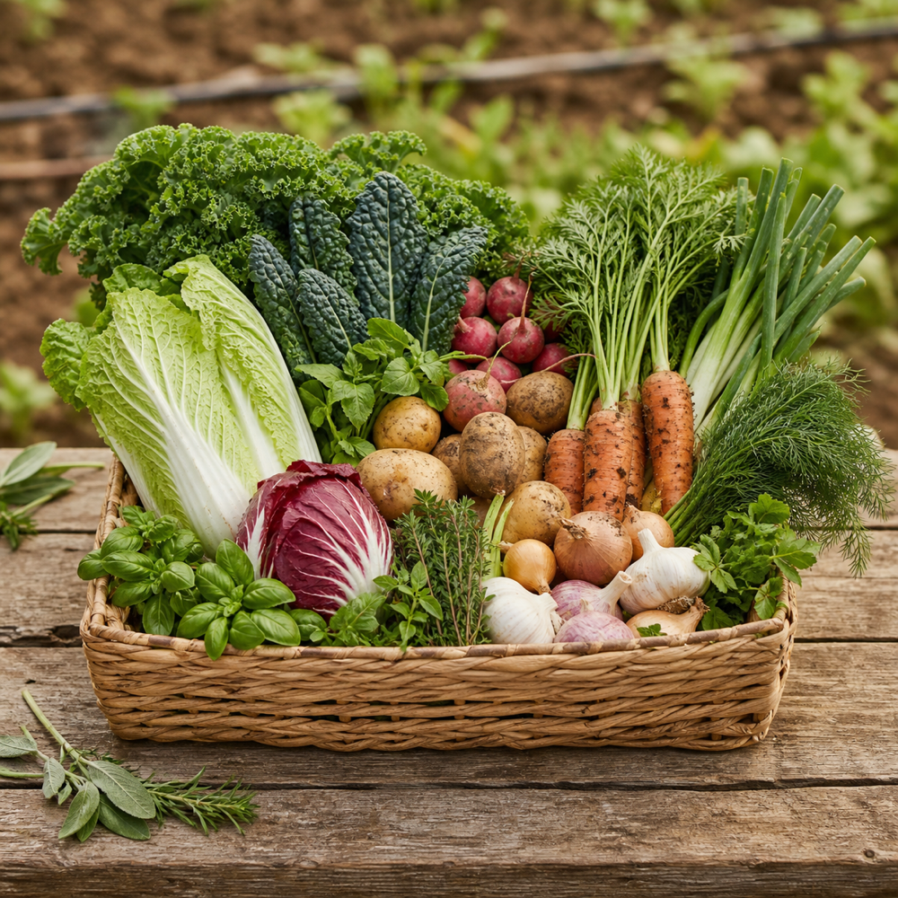 Seasonal vegetables arranged in a woven farm basket
